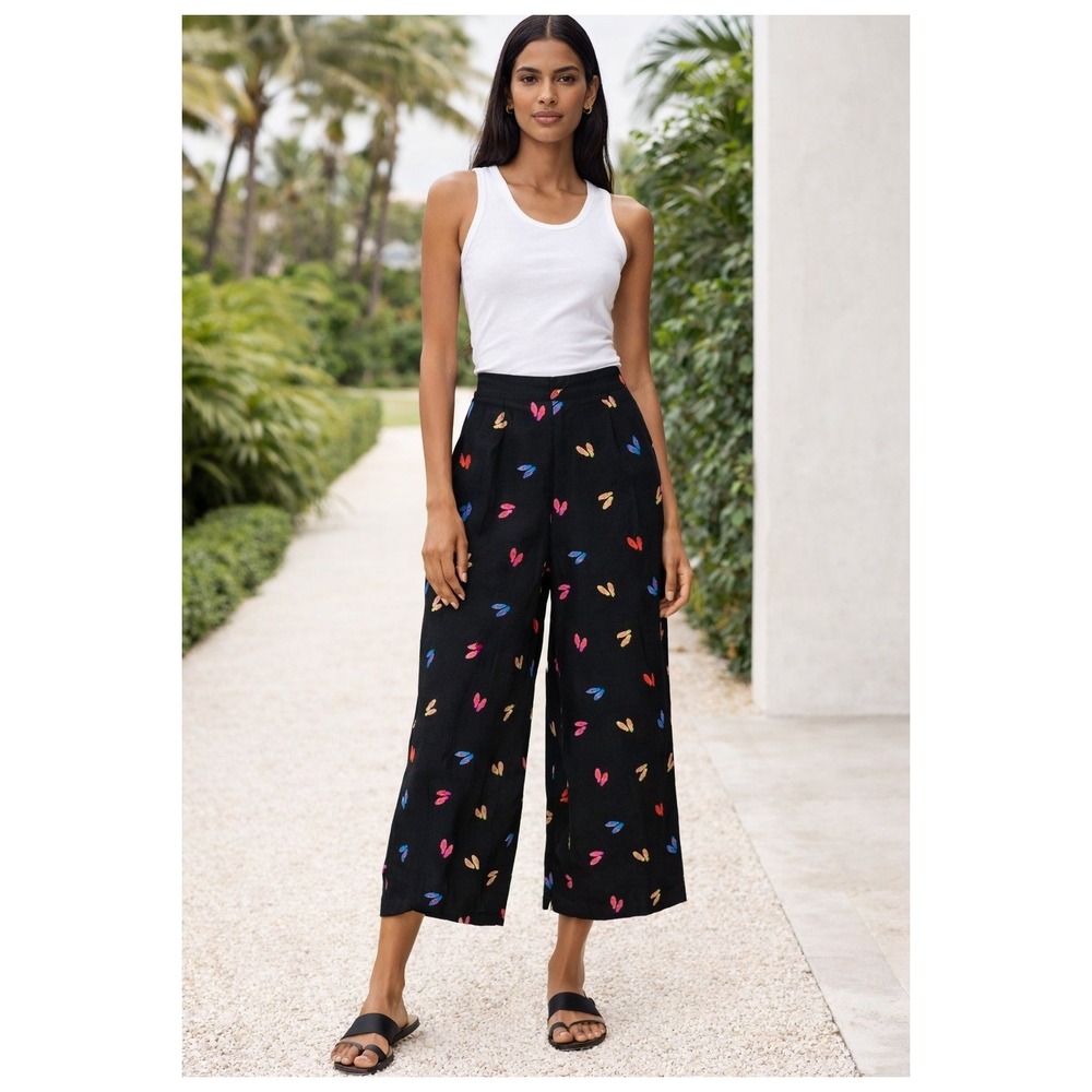 Coldwater Creek Wide Leg Crop Pants Womens 8 Black Embroidered Flip Flop EUC
